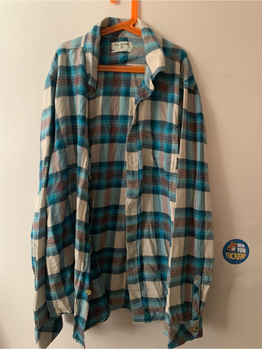 Billabong Men’s Teal, Cream & Brown Plaid Button-Down Shirt